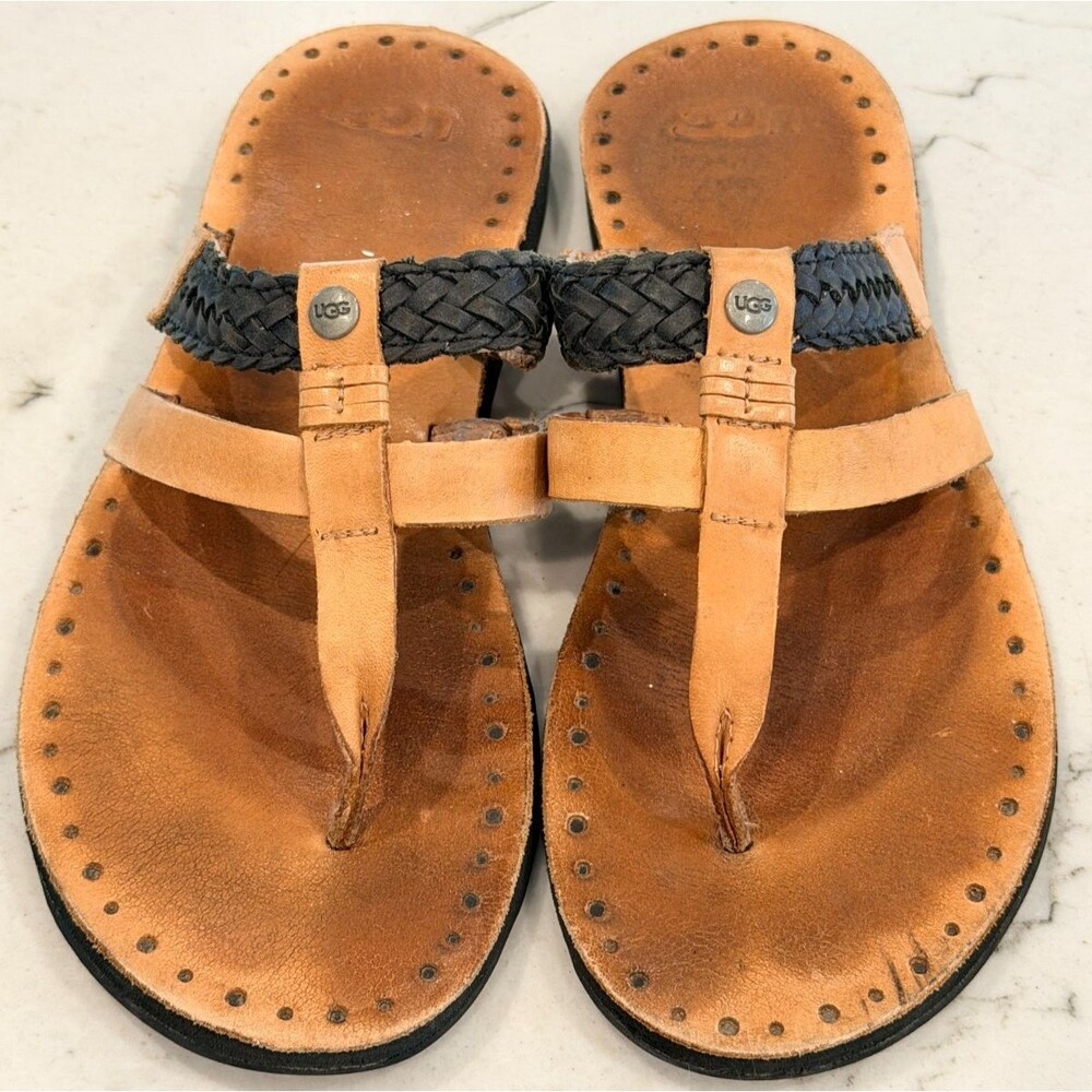 UGG Women’s Audra Tan/Black Braided Strappy Leather Sandals Slip On US 7